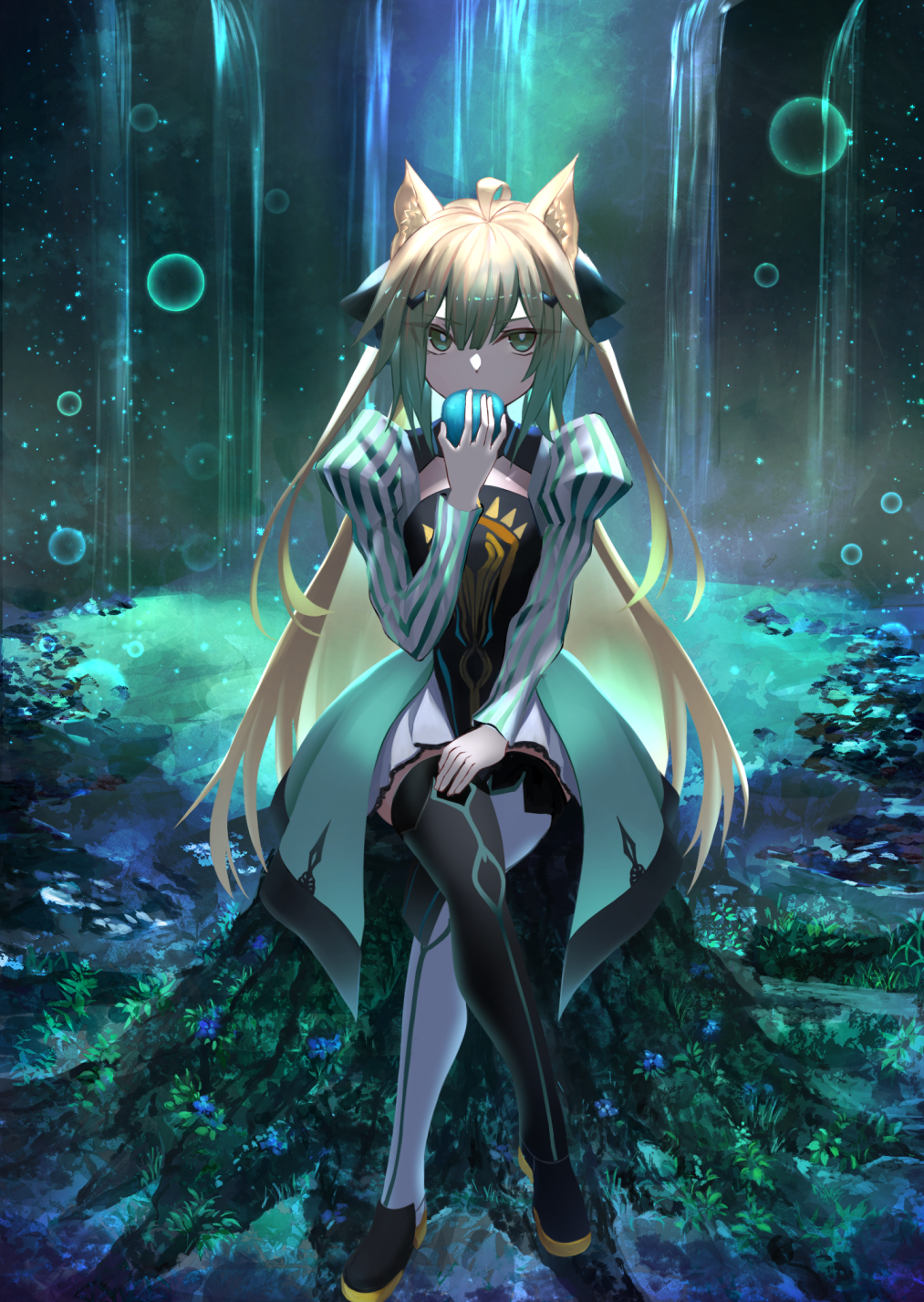 1girl ahoge animal_ears apple atalanta_(fate) bangs black_footwear black_thighhighs blonde_hair blue_flower bow bubble cat_ears closed_mouth crossed_legs dress fate/grand_order fate_(series) flower food forest fruit full_body gradient_hair green_apple green_bow green_dress green_eyes hair_between_eyes hair_bow hand_on_own_leg highres holding holding_food kaze_minoru_so-ru lake long_hair long_sleeves looking_at_viewer multicolored_hair nature nekomata ornament shiny sitting solo stocking_stuffer thigh-highs tree tree_stump twintails water waterfall white_thighhighs wide_sleeves
