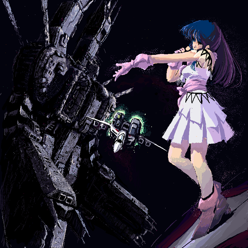 1girl armd black_hair boots choujikuu_yousai_macross dress dutch_angle energy_cannon gloves long_hair lynn_minmay machinery macross macross:_do_you_remember_love? mecha microphone music oekaki radio_antenna reaching_out realistic robot science_fiction sdf-1 singing sketch skirt songstress space storm_attacker thrusters u.n._spacy une variable_fighter vf-1 vf-1_strike