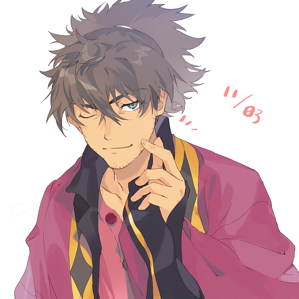 1boy black_hair blue_eyes coat dated facial_hair goya_(xalbino) heart long_hair looking_at_viewer male_focus one_eye_closed ponytail purple_shirt raven_(tales) scratching_cheek shirt smile stubble tales_of_(series) tales_of_vesperia tan white_background