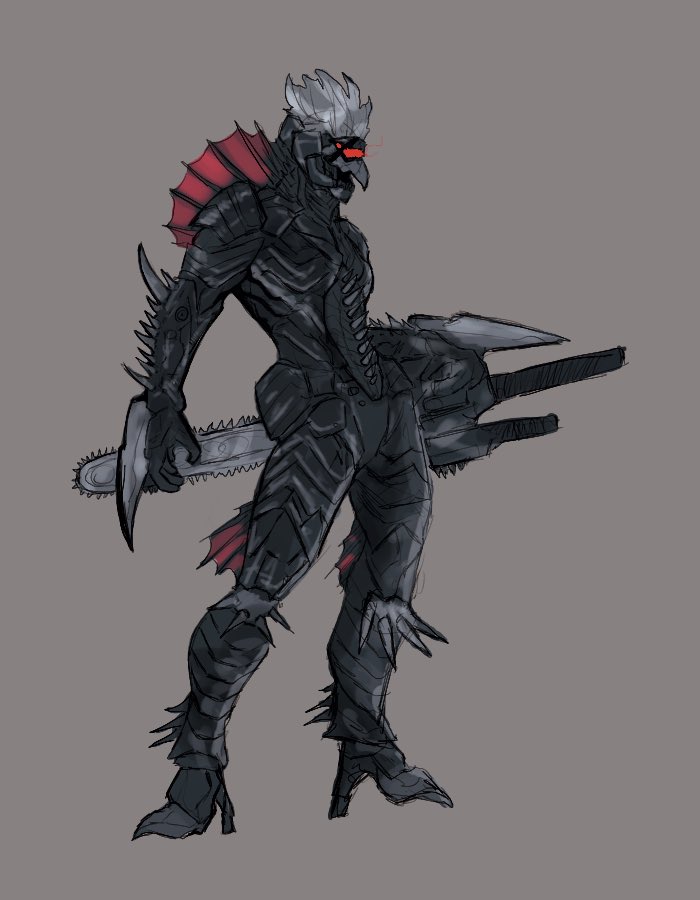 1boy armor beak black_armor blade chainsaw chainsword cyborg english_commentary fins full_body fusion gigan godzilla_(series) godzilla_final_wars grey_background holding holding_weapon huge_weapon j_darkerart metal_gear_(series) metal_gear_rising:_revengeance monster monster_boy organic profile raiden_(metal_gear) science_fiction sharp_teeth spiky_hair spines teeth tokusatsu visor weapon