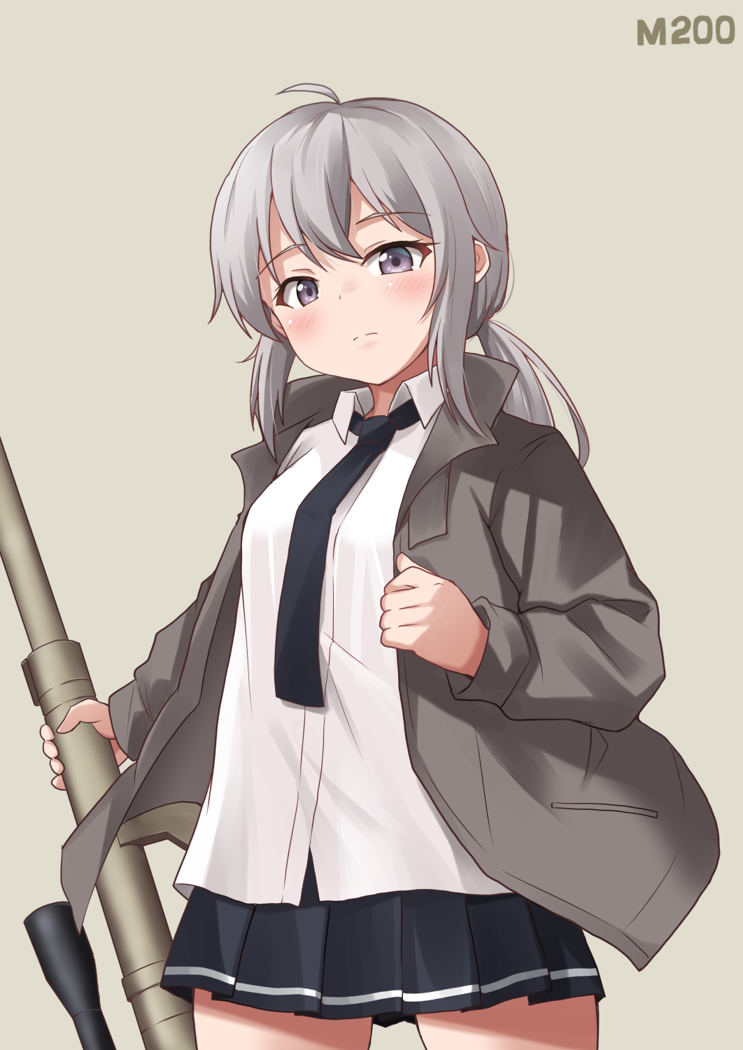 ahoge bangs black_necktie black_skirt blush bolt_action breasts brown_background brown_jacket character_name cheytac_m200 closed_mouth collared_shirt girls_frontline grey_eyes grey_hair gun highres holding holding_gun holding_weapon jacket ki-51_(ampullaria) looking_at_viewer m200_(girls'_frontline) necktie open_clothes open_jacket pleated_skirt rifle shirt short_hair simple_background skirt sniper_rifle sniper_scope thighs weapon white_shirt