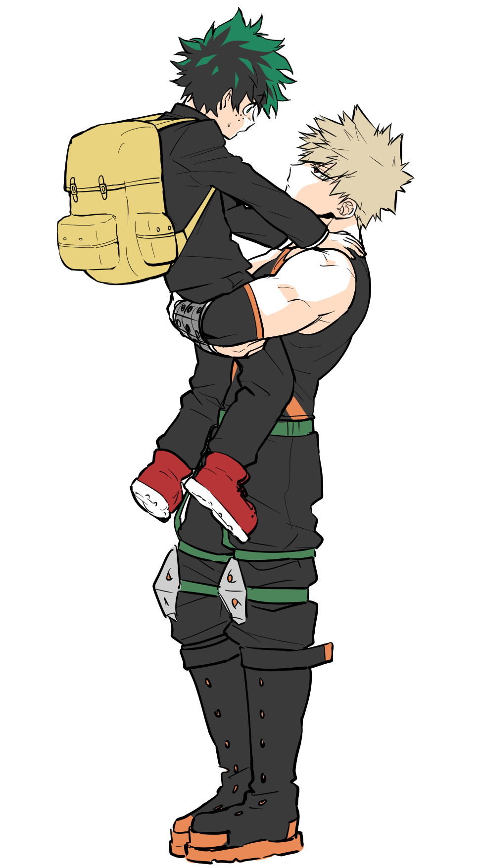 2boys alternate_universe backpack bag bakugou_katsuki bare_shoulders black_bodysuit black_footwear black_jacket black_pants blonde_hair bodysuit boku_no_hero_academia boots carrying child_carry commentary freckles full_body gakuran green_eyes green_hair hands_on_another's_shoulders highres hodu_(hodumha) jacket knee_pads korean_commentary long_sleeves looking_at_another male_focus midoriya_izuku multiple_boys older open_mouth pants red_eyes red_footwear school_uniform short_hair simple_background spiky_hair standing white_background yellow_bag younger