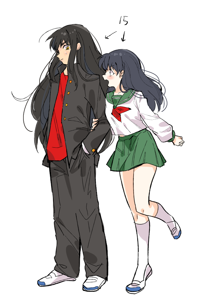 1boy 1girl alternate_form arrow_(symbol) awarinko bangs black_hair black_pants character_age contemporary gakuran green_skirt hand_in_pocket hand_on_another's_arm height_difference higurashi_kagome inuyasha inuyasha_(character) kneehighs long_hair long_sleeves looking_at_another messy_hair midriff_peek miniskirt necktie open_mouth pants pleated_skirt profile puffy_long_sleeves puffy_sleeves red_necktie school_uniform serafuku shoes side-by-side simple_background skirt socks standing standing_on_one_leg uwabaki white_background white_footwear white_socks