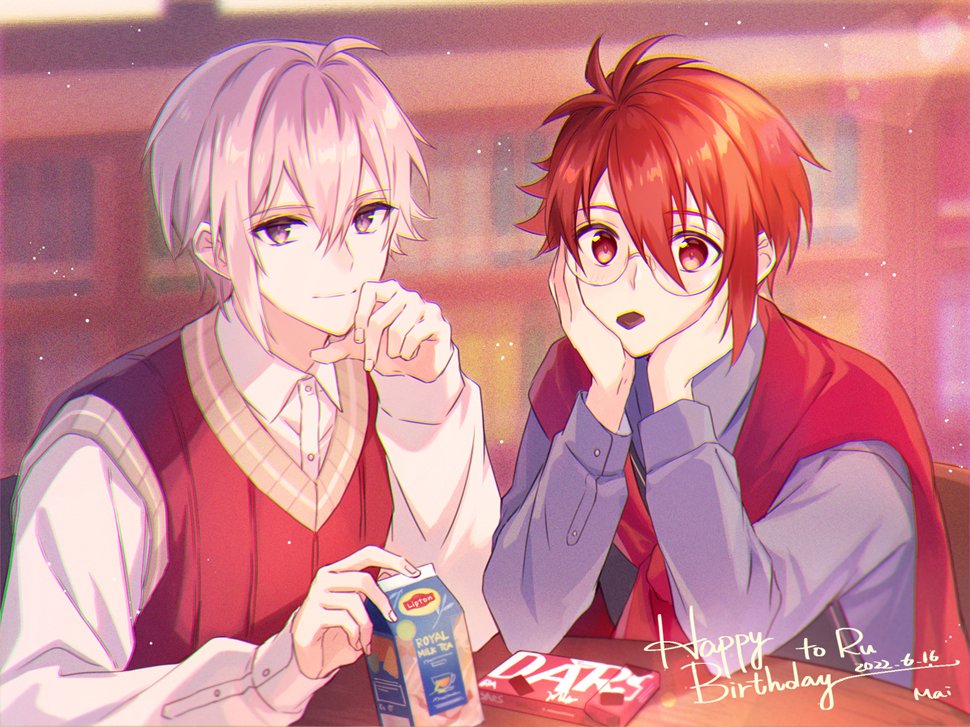 2boys candy cape chocolate chocolate_bar desk eating food glasses idolish_7 ima_(luce365) juice_box kujou_tenn long_sleeves multicolored_hair multiple_boys nanase_riku red_eyes red_vest redhead scarf shirt short_hair smile streaked_hair table vest white_hair white_shirt