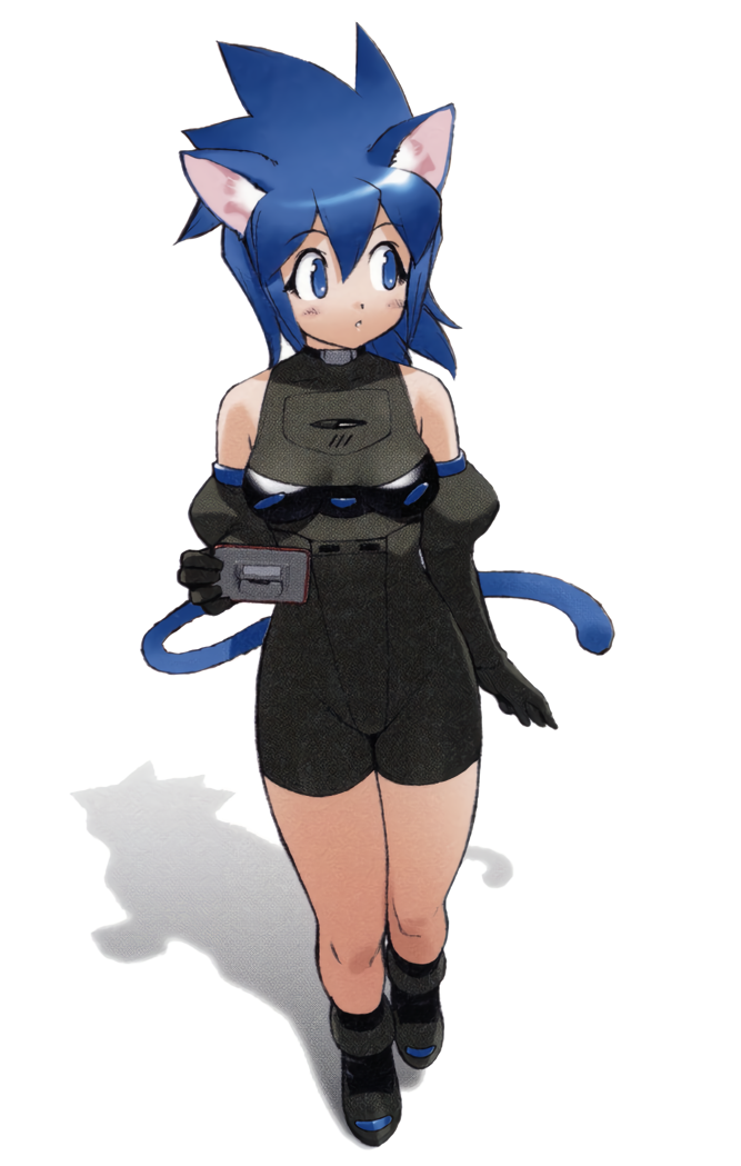 1girl 32_idol_saturn-chan animal_ears black_bodysuit blue_eyes blue_hair bodysuit cat_ears cat_tail chaps full_body game_console holding nintendo non-web_source personification product_girl saturn_(32_idol_saturn-chan) sega sega_saturn shadow simple_background solo standing tail white_background yoshizaki_mine