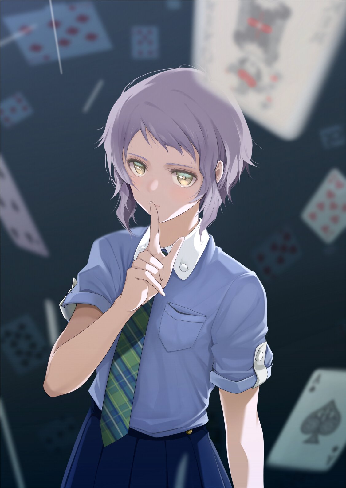 1girl ace_of_spades bangs blue_shirt blue_skirt breast_pocket buttons card checkered_necktie commentary_request dark_background fed_(giba) finger_to_mouth hand_up highres idolmaster idolmaster_million_live! index_finger_raised joker_(card) looking_at_viewer makabe_mizuki necktie playing_card pleated_skirt pocket purple_hair serious shirt short_hair short_sleeves shushing sidelocks skirt solo spade_(shape) upper_body wing_collar yellow_eyes