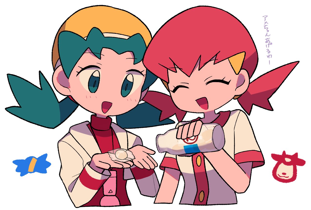 2girls :d bangs bottle buttons closed_eyes cropped_jacket eyelashes green_eyes green_hair hair_ornament hairclip hands_up happy hat holding holding_bottle jacket kris_(pokemon) long_hair multiple_girls open_mouth pokemon pokemon_(game) pokemon_gsc pokemon_hgss red_shirt shirt smile symbol-only_commentary tongue translation_request twintails tyako_089 white_background white_jacket whitney_(pokemon) yellow_headwear