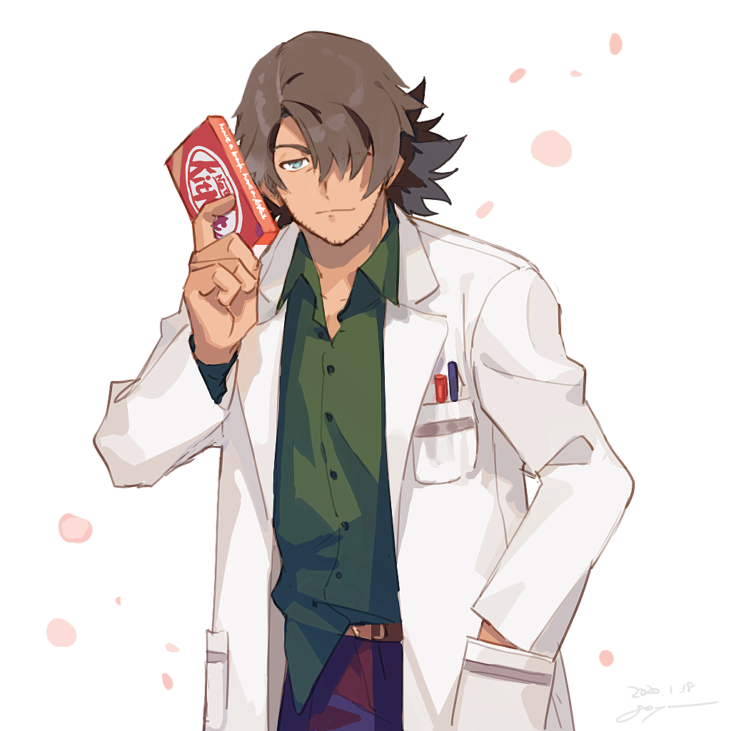 1boy belt black_hair blue_eyes chocolate facial_hair falling_petals goya_(xalbino) green_shirt hair_over_one_eye hand_in_pocket labcoat long_hair looking_at_viewer male_focus pen_in_pocket petals ponytail raven_(notorious_teacher)_(tales) raven_(tales) shirt smile solo stubble tales_of_(series) tales_of_vesperia white_background