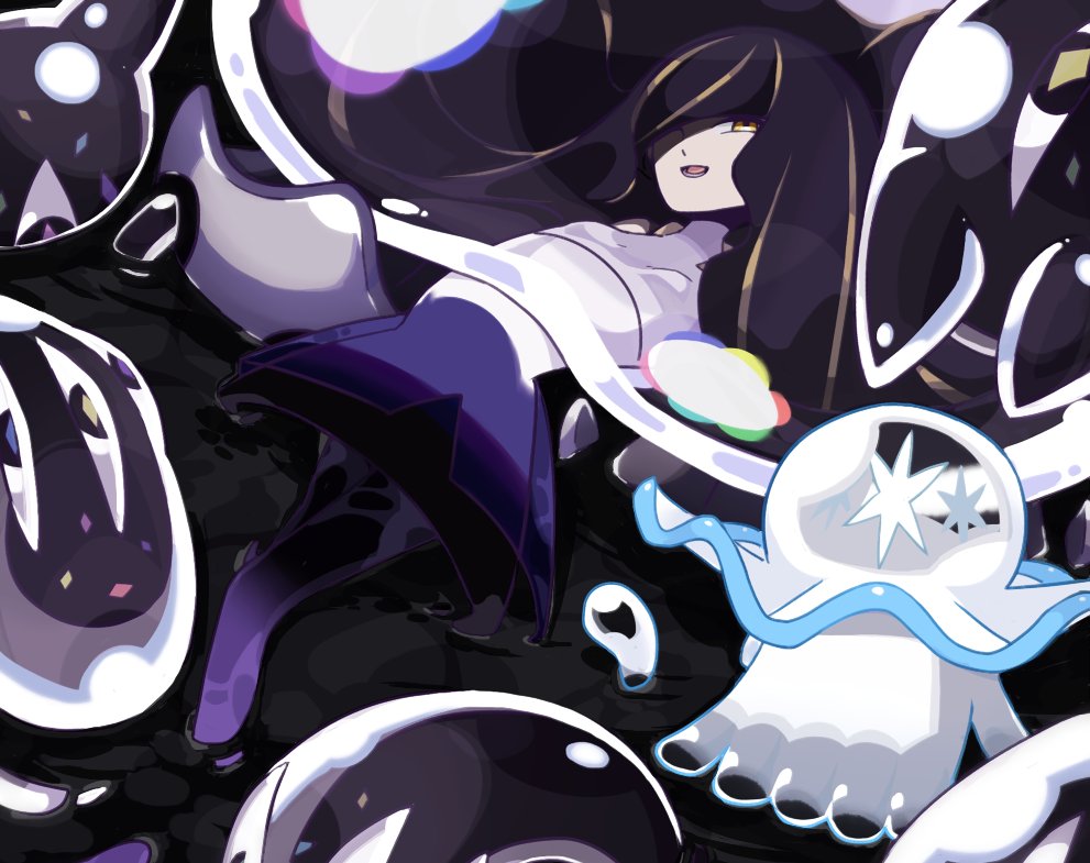 1girl black_hair breasts dress hair_over_one_eye long_hair looking_at_viewer lusamine_(pokemon) multicolored_hair mur_mu_mu nihilego open_mouth pokemon pokemon_(creature) pokemon_(game) pokemon_sm small_breasts tentacles ultra_beast very_long_hair white_dress yellow_eyes
