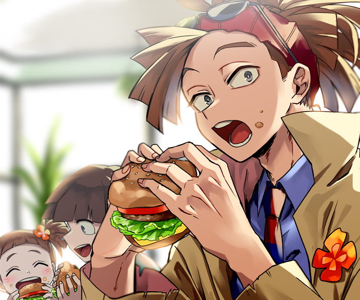 1girl 2boys ^_^ ^o^ bandana blue_shirt blurry blurry_background blush_stickers boku_no_hero_academia bowl_cut brown_hair burger closed_eyes collared_shirt depth_of_field eating eyewear_on_head eyewear_removed flower food food_bite food_on_face grey_eyes high_ponytail holding holding_food indoors jacket lettuce long_sleeves looking_at_another looking_at_viewer multicolored_necktie multiple_boys naruse_(naru_224s) necktie open_clothes open_jacket open_mouth orange_flower plant ponytail red_bandana rody_soul shirt siblings solo_focus spiky_hair striped_necktie sunglasses teeth tomato tongue two-tone_necktie
