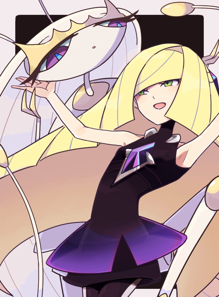 1girl armpits black_dress blonde_hair breasts diamond_(shape) dress gem green_eyes long_hair lusamine_(pokemon) mur_mu_mu open_mouth pheromosa pokemon pokemon_(creature) pokemon_(game) pokemon_masters_ex pokemon_sm purple_gemstone sleeveless sleeveless_dress small_breasts ultra_beast very_long_hair