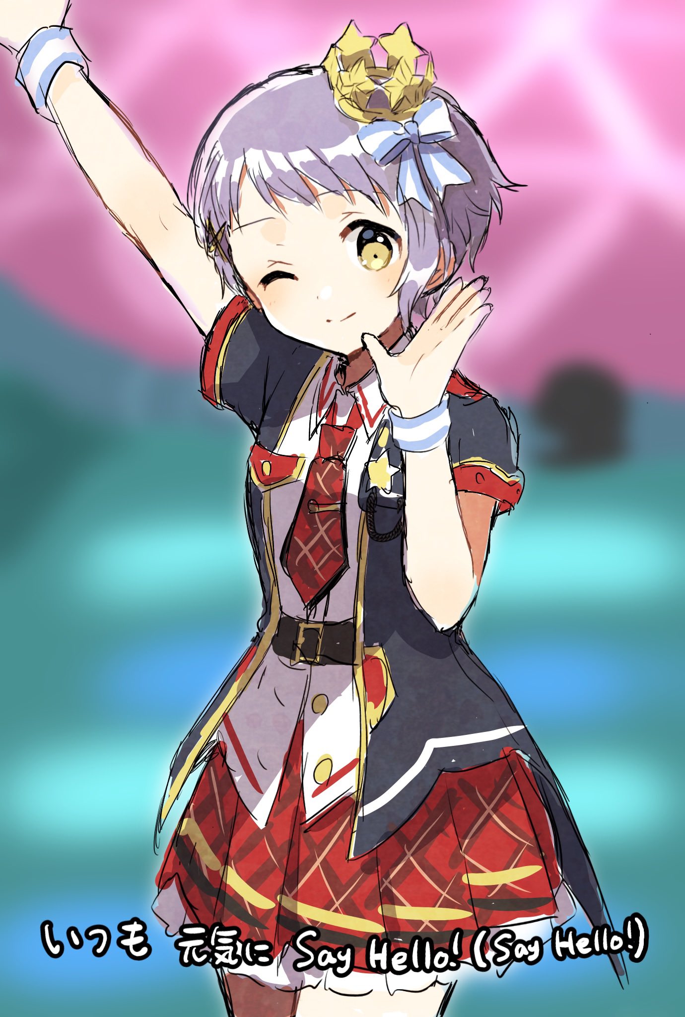 1girl arm_up bangs belt black_belt black_jacket blurry blurry_background bow crown_hair_ornament dot_nose flat_chest hair_bow hair_ornament hand_up highres idolmaster idolmaster_million_live! idolmaster_million_live!_theater_days jacket looking_at_viewer makabe_mizuki necktie one_eye_closed pleated_skirt purple_hair red_necktie red_skirt shirt short_hair short_sleeves skirt smile solo toro_(shiro) white_shirt wing_collar wristband yellow_eyes