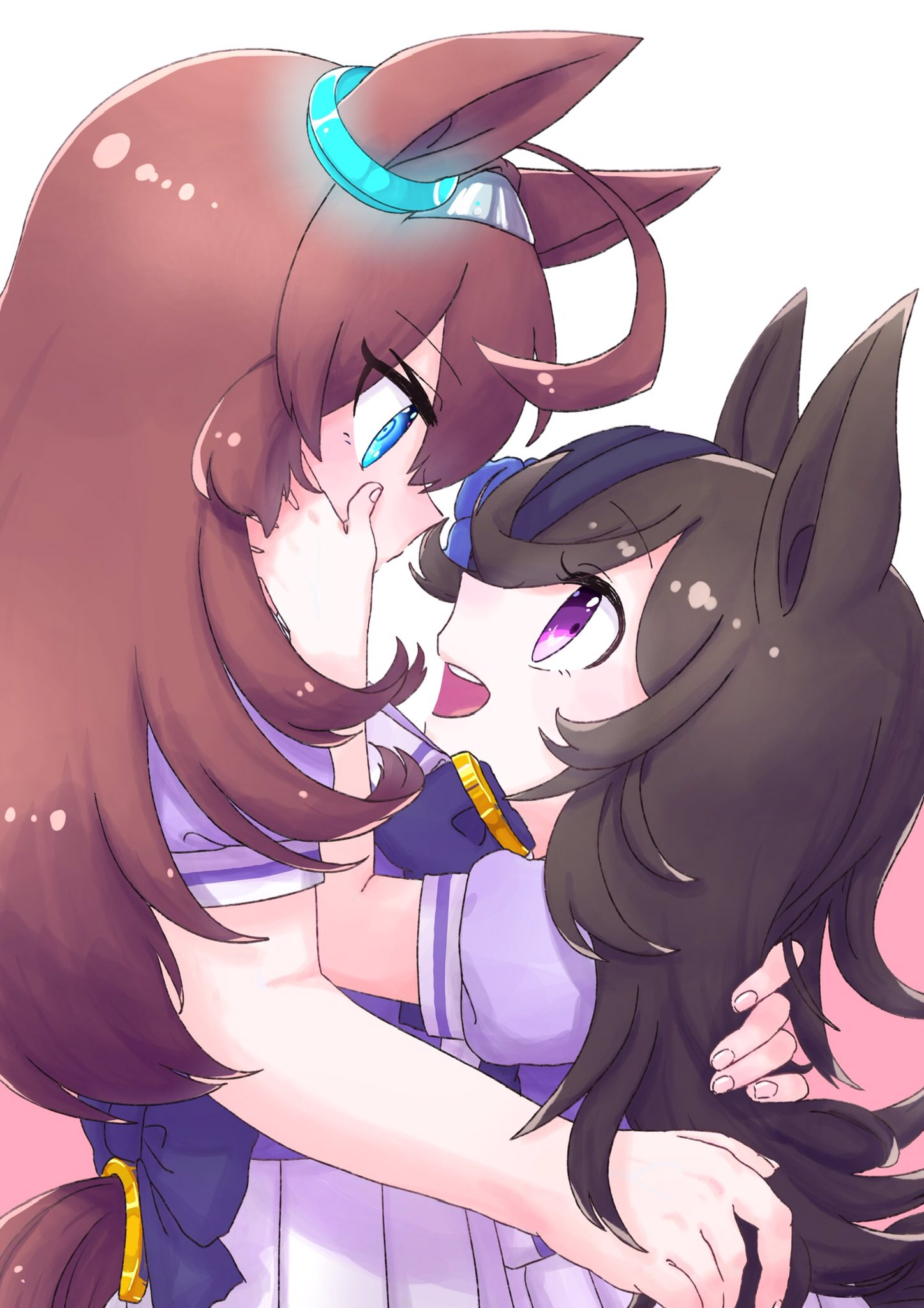 2girls animal_ears blue_eyes blue_headwear blush brown_hair face-to-face fascinator hair_over_one_eye hands_on_another's_face hat height_difference highres horse_ears horse_girl horse_tail long_hair looking_at_another mihono_bourbon_(umamusume) mokamikamo multiple_girls pleated_skirt puffy_short_sleeves puffy_sleeves purple_shirt purple_skirt rice_shower_(umamusume) school_uniform shirt short_sleeves skirt tail tilted_headwear tracen_school_uniform umamusume violet_eyes