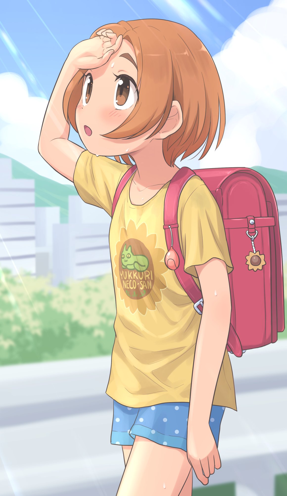 1girl backpack bag bangs blue_shorts blurry blurry_background blush bridge brown_eyes building child clouds day female_child flower hand_on_forehead highres keychain light_rays looking_up orange_hair original outdoors parted_bangs parted_lips randoseru shirt short_hair shorts sky solo sunbeam sunflower sunlight sweat tree yama_tatsuo yellow_shirt