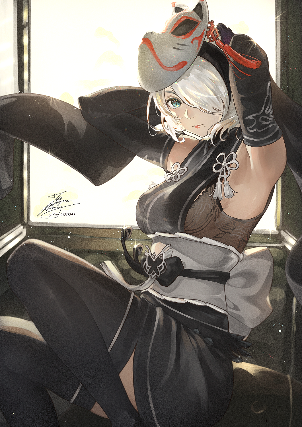1girl armpits blue_eyes breasts dress elbow_gloves fadingz fox_mask gloves hairband highres japanese_clothes kimono long_hair looking_at_viewer mask medium_breasts mole mole_under_mouth nier_(series) nier_automata nier_reincarnation official_alternate_costume short_hair short_kimono solo thigh-highs white_hair yorha_no._2_type_b