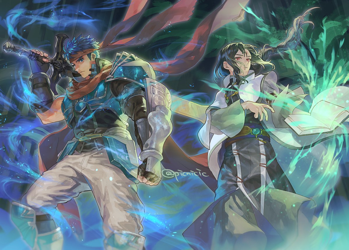 2boys armor artist_name aura belt biceps black_hair blue_eyes blue_hair book cape capelet chest_armor clenched_hand fire_emblem fire_emblem:_path_of_radiance gauntlets gloves headband ike_(fire_emblem) leg_armor long_hair looking_at_viewer magic male_focus multiple_boys muscular muscular_male over_shoulder pants picnicic ponytail red_eyes shirt short_hair shoulder_armor shoulder_pads skirt soren_(fire_emblem) spiky_hair sword sword_over_shoulder thick_eyebrows twitter_username weapon weapon_over_shoulder
