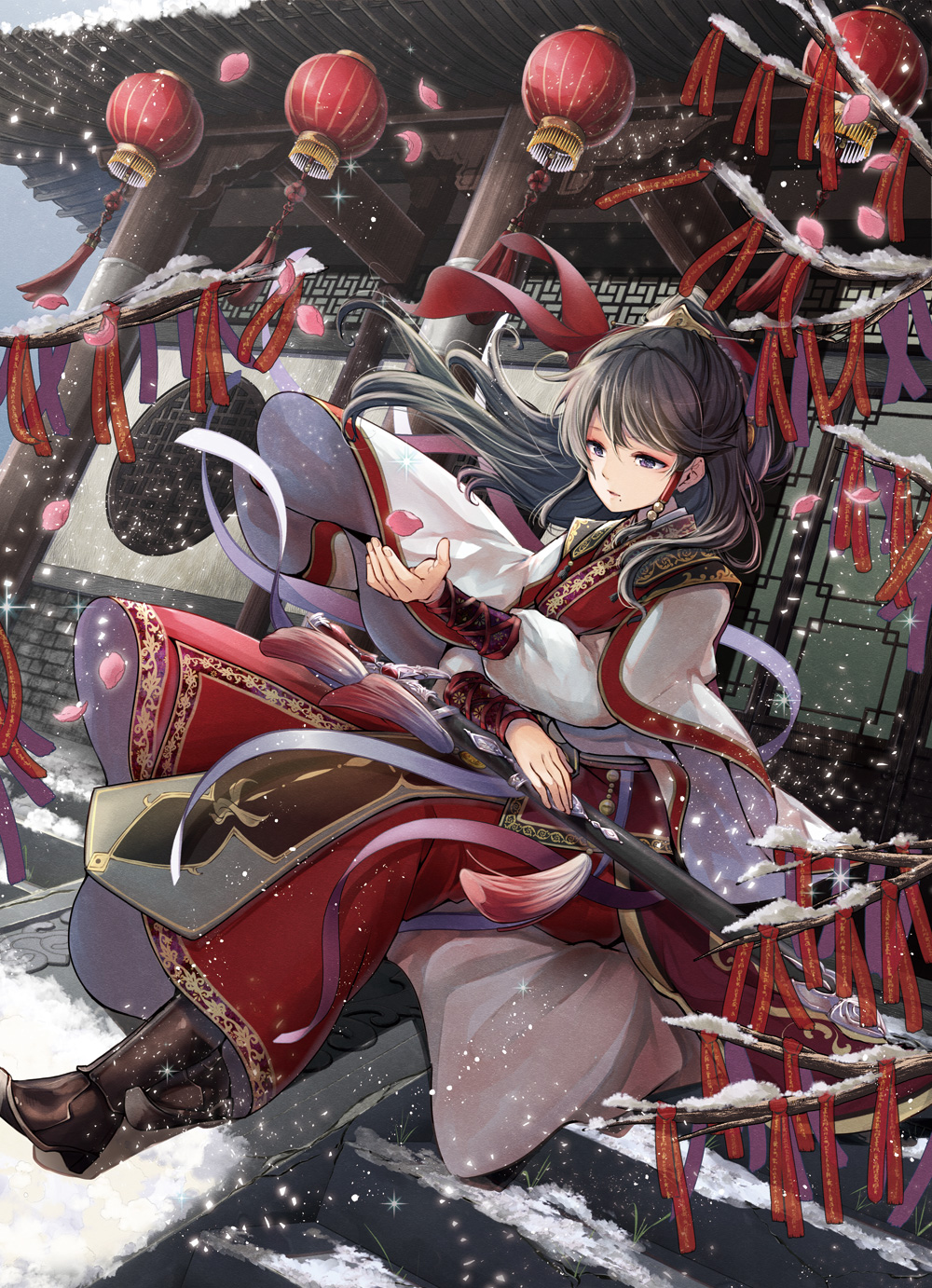 1girl architecture black_hair boots building cherry_blossoms chinese_clothes cover cover_page day east_asian_architecture full_body hanfu highres holding holding_weapon lantern mole mole_under_mouth novel_cover outdoors paper_lantern parted_lips ponytail sechuu_no_hana_wa_gunshin_wo_itsuwaru sheath sheathed sitting snow solo sword takeda_hotaru violet_eyes weapon