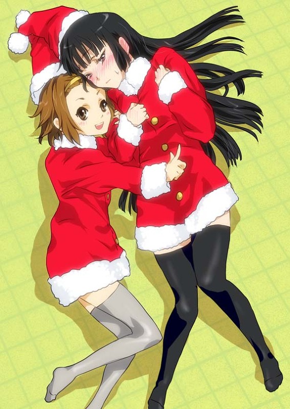 akiyama_mio arm_grab black_eyes black_hair black_legwear black_thighhighs blush brown_eyes brown_hair christmas dress hairband hat hime_cut k-on! kurokoshou legs long_hair looking_up multiple_girls on_back on_side open_mouth pointing santa_costume santa_hat short_hair skirt smile sweat tainaka_ritsu thigh-highs thighhighs white_legwear white_thighhighs zettai_ryouiki