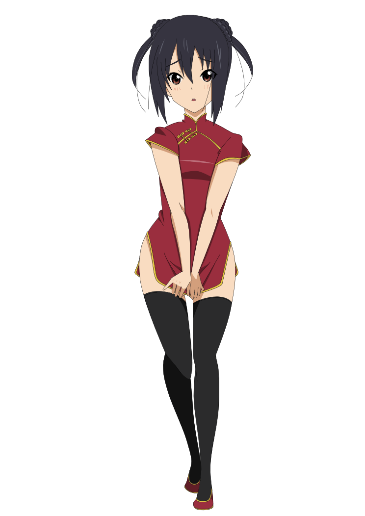 :o black_hair black_legwear black_thighhighs blush brown_eyes china_dress chinese_clothes covering covering_crotch double_bun embarrassed gotounoriji k-on! legs long_hair nakano_azusa open_mouth pumps short_twintails skirt solo standing thigh-highs thighhighs transparent_background twintails v_arms