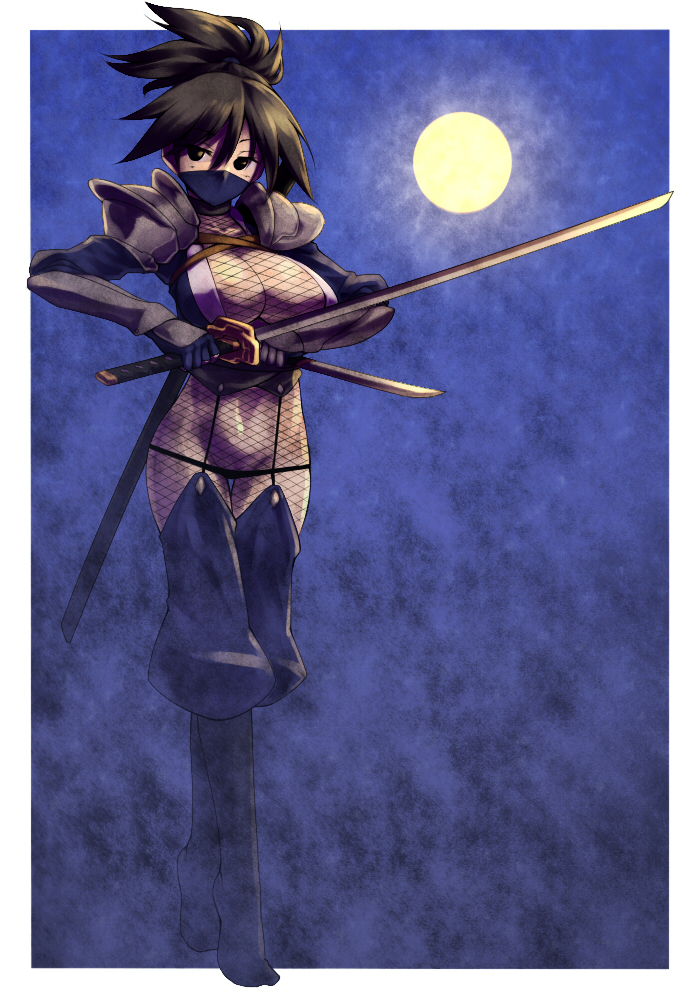 black_eyes black_hair breasts character_request disgaea female fishnets huge_breasts moon ninja ninja_(disgaea) ponytail sword tro weapon