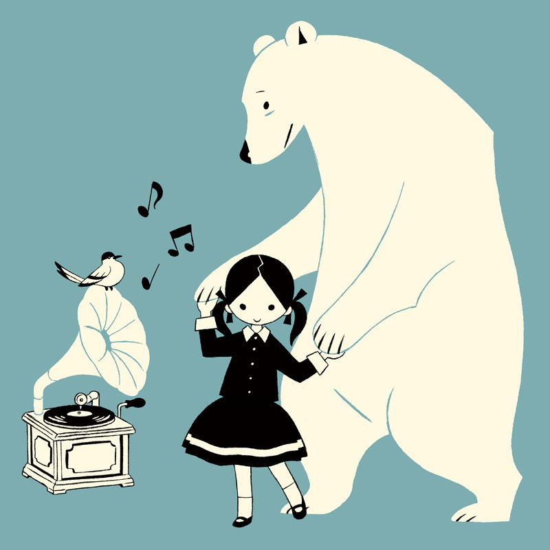 bird black_dress dancing dress musical_note phonograph polar_bear simple_background twintails