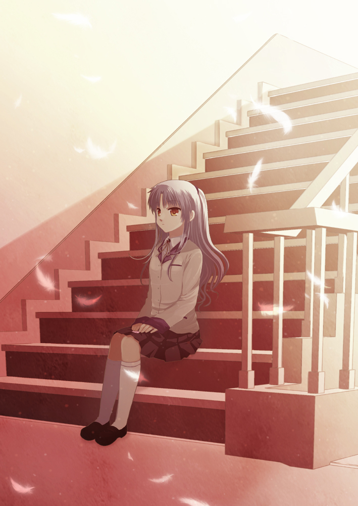 brown_eyes konno_rei long_hair school_uniform sitting stairs tachibana_kanade white_hair