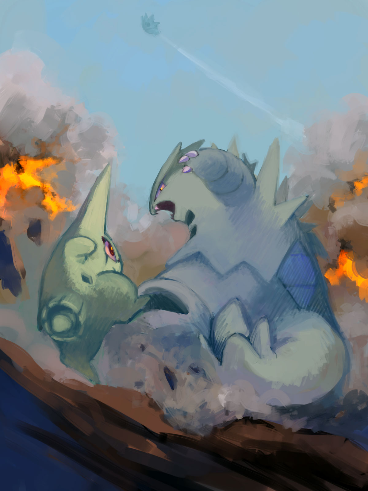 attack battle dodging father_and_son fighting_stance highres larvitar no_humans pokemon pokemon_(creature) pupitar training tyranitar yorozuyo