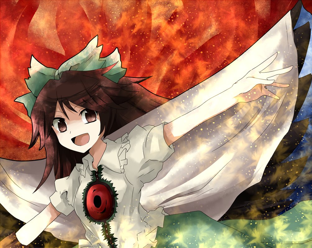 black_wings bow brown_eyes brown_hair frills hair_bow long_hair mari_audio open_mouth outstretched_arms reiuji_utsuho shirt short_sleeves smile spread_arms touhou wings