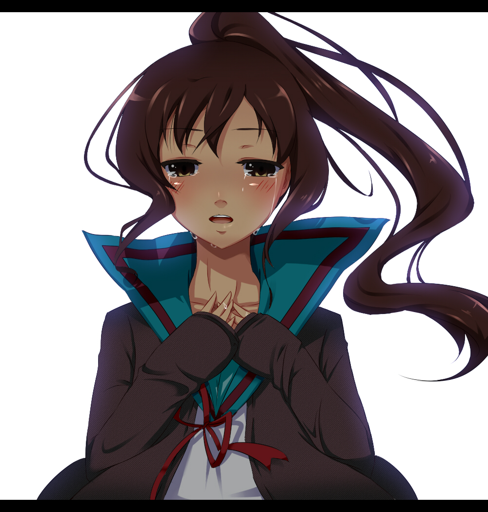 brown_eyes brown_hair cardigan genderswap kyonko long_hair ponytail school_uniform suzumiya_haruhi_no_yuuutsu suzumiya_haruhiko_no_yuuutsu tears