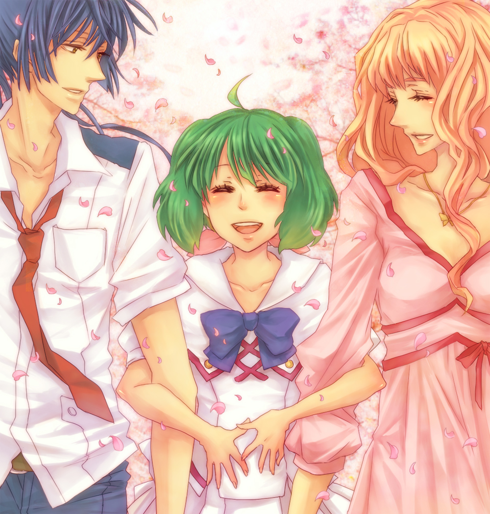 blonde_hair blue_eyes closed_eyes dress green_hair jewelry long_hair macross macross_frontier necklace necktie petals ponytail ranka_lee saotome_alto sheryl_nome short_hair