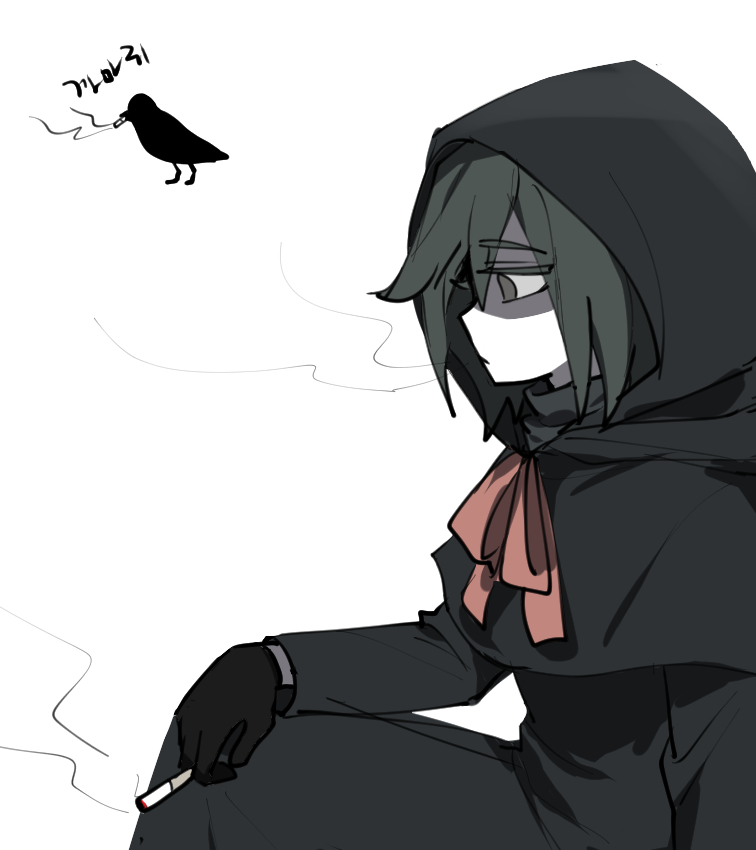 1girl bird black_dress black_gloves capelet character_name cigarette colored_eyelashes commentary_request crow dress gloves green_eyes green_hair holding holding_cigarette hood hood_up hooded_capelet karasu_(saibou_shinkyoku) korean_commentary korean_text long_sleeves neck_ribbon nu_(qjqmfqjqmf02) red_ribbon ribbon saibou_shinkyoku short_hair simple_background sitting smoke smoking solo translation_request white_background