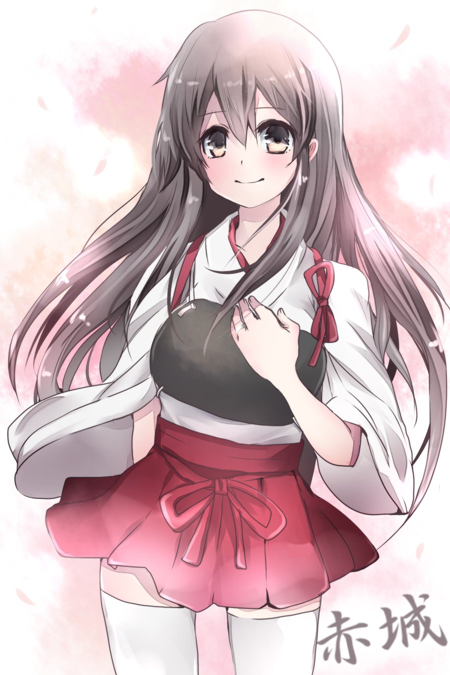 1girl absurdres akagi_(kancolle) akagi_(kantai_collection) arrow_(projectile) blush bow_(weapon) brown_eyes brown_hair dated highres japanese_clothes kantai_collection long_hair looking_at_viewer mast muneate quiver signature solo tasuki upper_body weapon