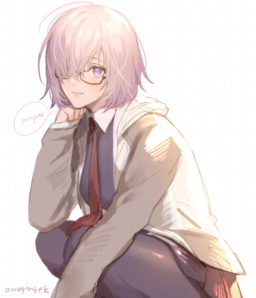 1girl bangs black_pantyhose black_skirt fate/grand_order fate_(series) glasses hair_between_eyes hair_over_one_eye jacket kanapy long_sleeves looking_at_viewer mash_kyrielight necktie pantyhose pink_hair red_necktie romaji_text short_hair simple_background skirt solo speech_bubble squatting violet_eyes white_background