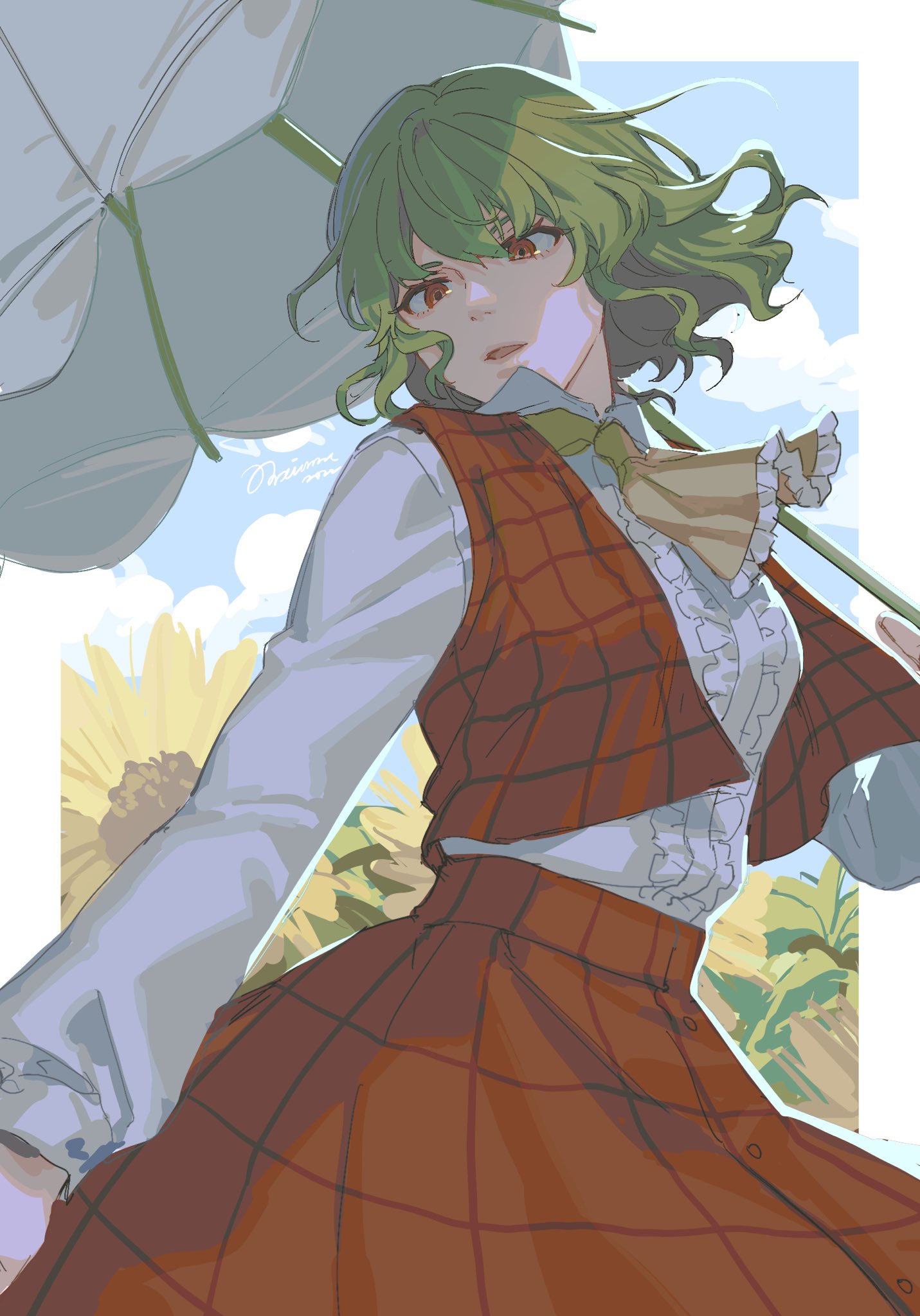 1girl artist_name ascot bangs blue_sky border breasts clouds cloudy_sky collared_shirt commentary_request flower frills green_hair grey_shirt hair_between_eyes hand_up highres holding holding_umbrella kazami_yuuka leaf long_sleeves looking_to_the_side medium_breasts noriuma open_clothes open_mouth open_vest outside_border plaid plaid_skirt plaid_vest puffy_long_sleeves puffy_sleeves red_eyes red_skirt red_vest shirt short_hair skirt sky solo standing sunflower touhou umbrella vest white_border yellow_ascot yellow_flower