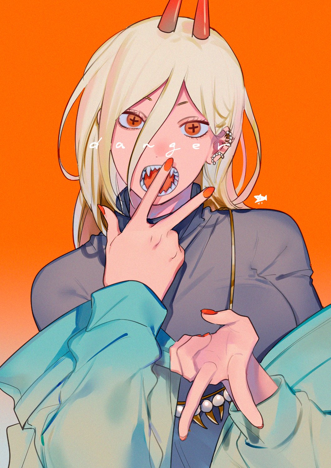 +_+ 1girl blonde_hair breasts chainsaw_man demon_girl demon_horns hair_between_eyes highres horns long_hair looking_at_viewer ohisama33ohayo3 open_mouth orange_background power_(chainsaw_man) red_horns sharp_teeth shirt simple_background solo teeth