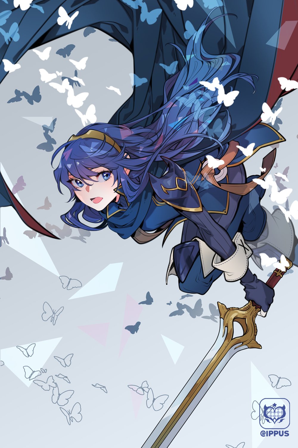 1girl armor artist_logo bangs blue_bodysuit blue_dress blue_eyes blue_footwear blue_gloves blue_hair bodysuit boots bug butterfly cape dress english_commentary eyelashes fingerless_gloves fire_emblem gloves gold_trim grey_background hairband highres holding holding_sword holding_weapon ippus long_hair looking_to_the_side lucina_(fire_emblem) open_mouth short_dress shoulder_armor sidelocks solo sword thigh_boots tongue twitter_username weapon