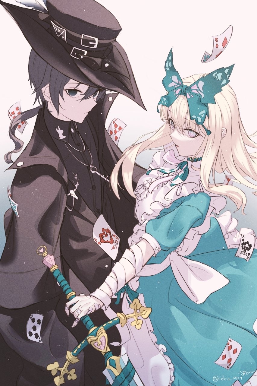 1boy 1girl alice_(grimlight) apron arm_up back_bow bandaged_arm bandages bandaid bandaid_on_hand bangs black_shirt blonde_hair blue_background blue_bow blue_bowtie blue_choker blue_dress blue_hairband blush bow bowtie breasts brown_capelet brown_headwear brown_jacket butterfly_hair_ornament butterfly_wings buttons capelet card choker closed_mouth collared_jacket collared_shirt commentary_request dress eyes_visible_through_hair feathers frills gradient gradient_background grey_apron grey_bow grey_eyes grey_hair grimlight hair_between_eyes hair_ornament hairband hand_up hat hat_feather hat_ornament heart heart_in_eye heart_print highres holding holding_weapon idea_0709 jacket jewelry key_necklace korean_commentary long_hair long_sleeves looking_at_viewer mad_hatter_(grimlight) medium_breasts multicolored_background multicolored_bow multicolored_bowtie necklace open_clothes open_jacket open_mouth pink_background pink_bow pink_bowtie pink_eyes playing_card ponytail puffy_short_sleeves puffy_sleeves shirt short_hair short_sleeves standing striped striped_bow striped_bowtie sword symbol_in_eye weapon white_bow white_bowtie wide_sleeves wings