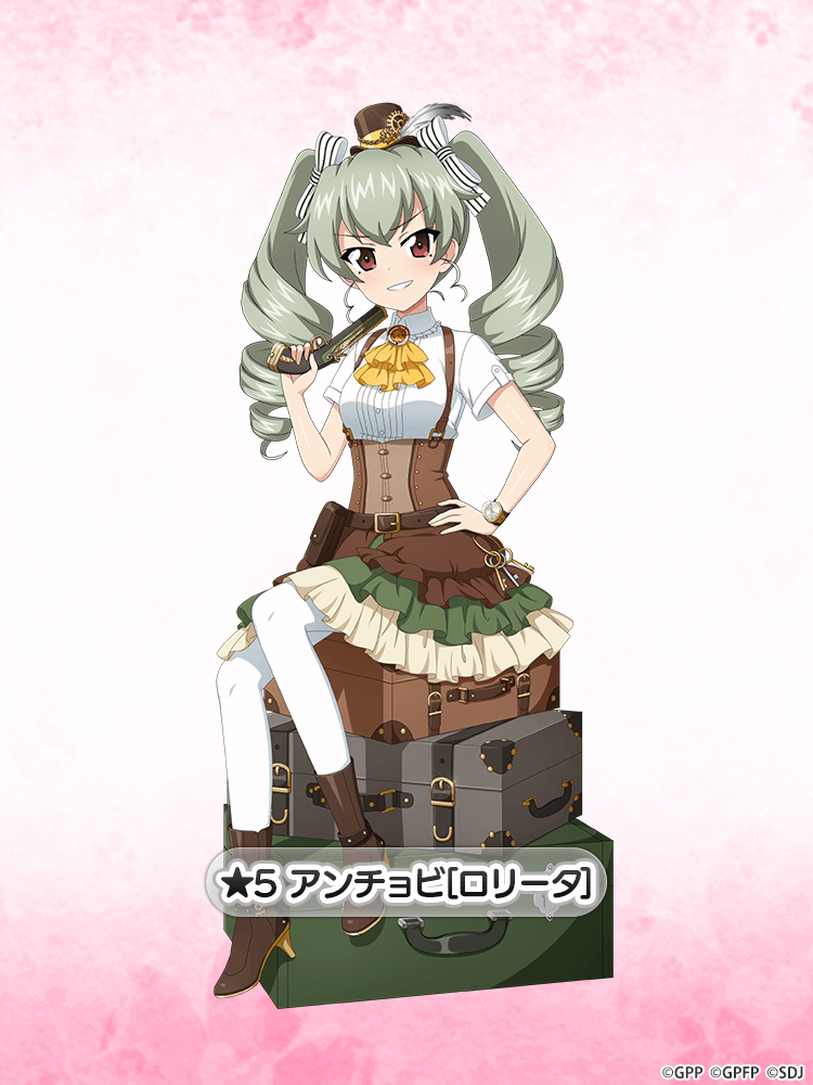 1girl anchovy_(girls_und_panzer) antique_firearm ascot bangs belt black_belt black_footwear black_headwear boots brooch brown_skirt closed_mouth collared_shirt commentary_request drill_hair firelock flintlock frilled_skirt frills girls_und_panzer girls_und_panzer_senshadou_daisakusen! green_hair gun hair_ribbon hand_on_hip hat high-waist_skirt high_heel_boots high_heels holding holding_gun holding_weapon idol jewelry key keychain layered_skirt long_hair looking_at_viewer luggage mini_hat mini_top_hat official_alternate_costume official_art pantyhose pouch red_eyes ribbon shirt short_sleeves sitting skirt smirk solo suspender_skirt suspenders top_hat translated twin_drills twintails watch watch weapon white_pantyhose white_ribbon white_shirt yellow_ascot
