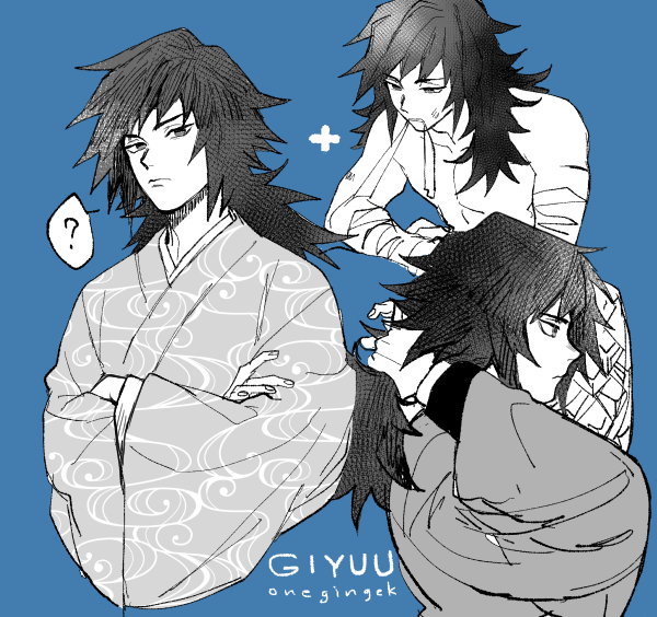 1boy ? adjusting_hair bandaged_arm bandages bangs blue_background character_name closed_mouth crossed_arms greyscale haori japanese_clothes kanapy kimetsu_no_yaiba long_hair male_focus monochrome multiple_views signature simple_background solo spoken_question_mark symbol-only_commentary tomioka_giyuu toned toned_male upper_body