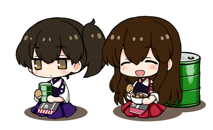 2girls akagi_(kancolle) apron blue_hakama bowl brown_eyes brown_gloves brown_hair chopsticks closed_eyes drum_(container) gloves hakama hakama_short_skirt hakama_skirt holding holding_bowl holding_chopsticks japanese_clothes kaga_(kancolle) kantai_collection long_hair multiple_girls muneate partially_fingerless_gloves red_hakama rikaon short_sidetail side_ponytail single_glove skirt straight_hair tasuki yugake