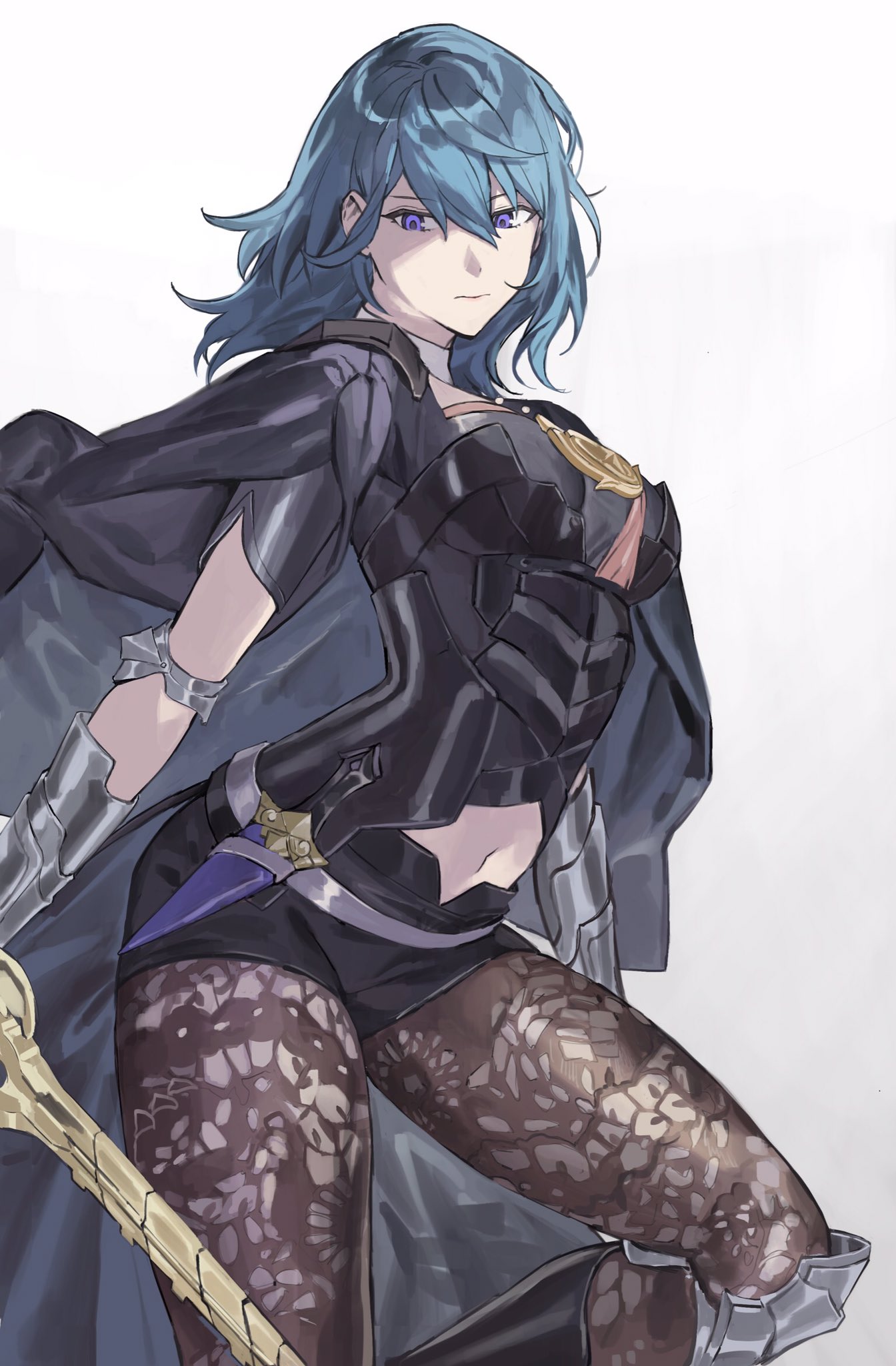 1girl blue_eyes blue_hair boots byleth_(fire_emblem) byleth_eisner_(female) cape clothing_cutout dagger fire_emblem fire_emblem:_three_houses gradient gradient_background hashibiro_kou_(garapiko_p) highres holding holding_sword holding_weapon knee_guards knife navel navel_cutout pantyhose sword sword_of_the_creator weapon