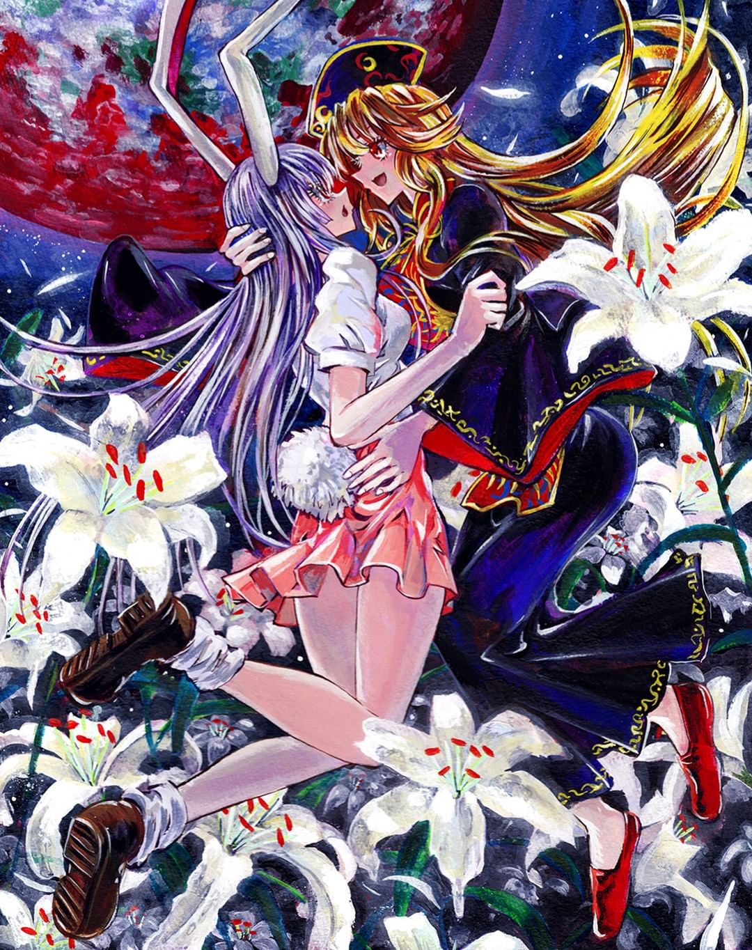 2girls animal_ears blonde_hair earth_(planet) flower highres hug junko_(touhou) kabaji lily_(flower) long_hair long_sleeves looking_at_another multiple_girls planet purple_hair rabbit_ears rabbit_tail red_eyes reisen_udongein_inaba shoes short_sleeves space tail touhou traditional_media very_long_hair wide_sleeves