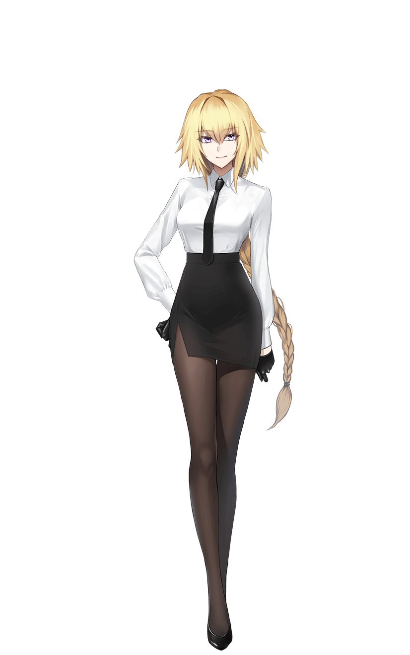1girl bangs black_footwear black_gloves black_skirt blonde_hair braid braided_ponytail closed_mouth collared_shirt fate/empire_of_dirt floating_hair formal full_body game_cg gloves hair_between_eyes hand_on_hip high_heels highres jeanne_d'arc_(fate) jeanne_d'arc_(ruler)_(fate) long_hair looking_at_viewer miniskirt pantyhose pencil_skirt pumps shirt side_slit skirt skirt_suit smile solo standing suit tachi-e thigh_gap transparent_background tsuki_tokage very_long_hair violet_eyes white_shirt wing_collar