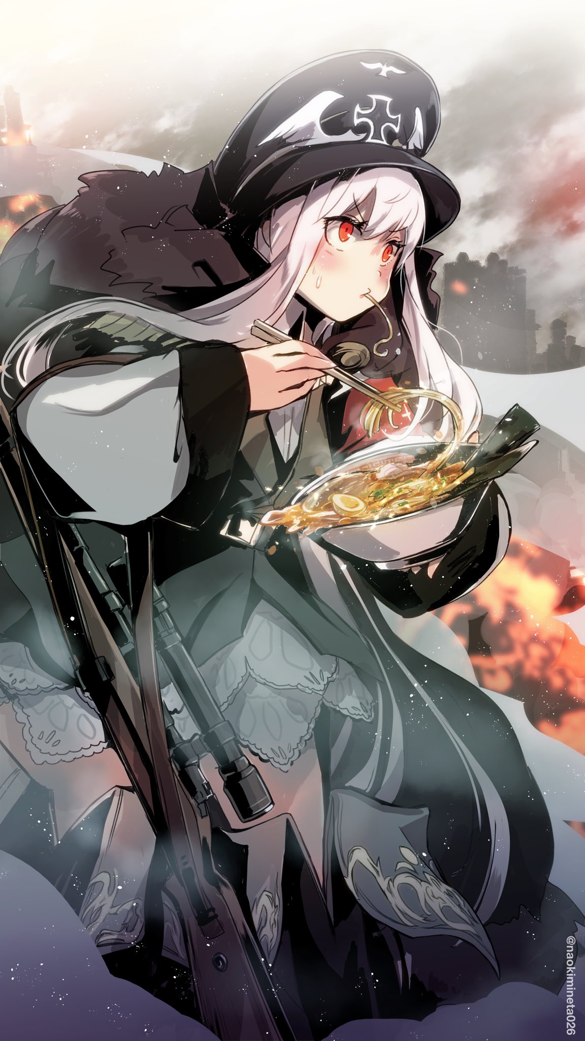 1girl aiguillette black_headwear black_skirt bolt_action boots bowl chopsticks coat cross eating food fur-trimmed_coat fur_trim girls_frontline griffin_&amp;_kryuger_military_uniform gun hat highres holding holding_bowl holding_chopsticks iron_cross jacket jacket_on_shoulders kar98k_(girls'_frontline) long_hair mauser_98 military_hat mineta_naoki noodles oversized_object peaked_cap pink_eyes ramen rifle skirt thigh_boots weapon white_hair