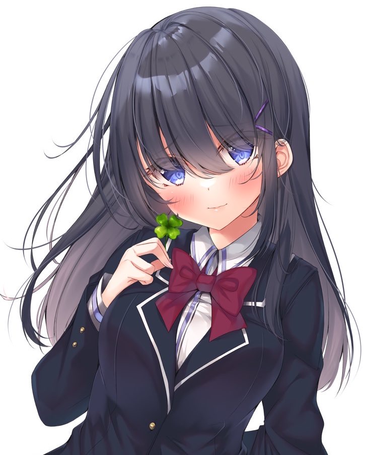 1girl bangs black_hair black_jacket blazer blue_eyes blush bow breasts closed_mouth clover collared_shirt commentary_request dress_shirt four-leaf_clover hair_between_eyes hair_ornament hairclip hand_up holding jacket ko_yu long_hair long_sleeves looking_at_viewer medium_breasts original red_bow school_uniform shirt simple_background smile solo upper_body white_background white_shirt
