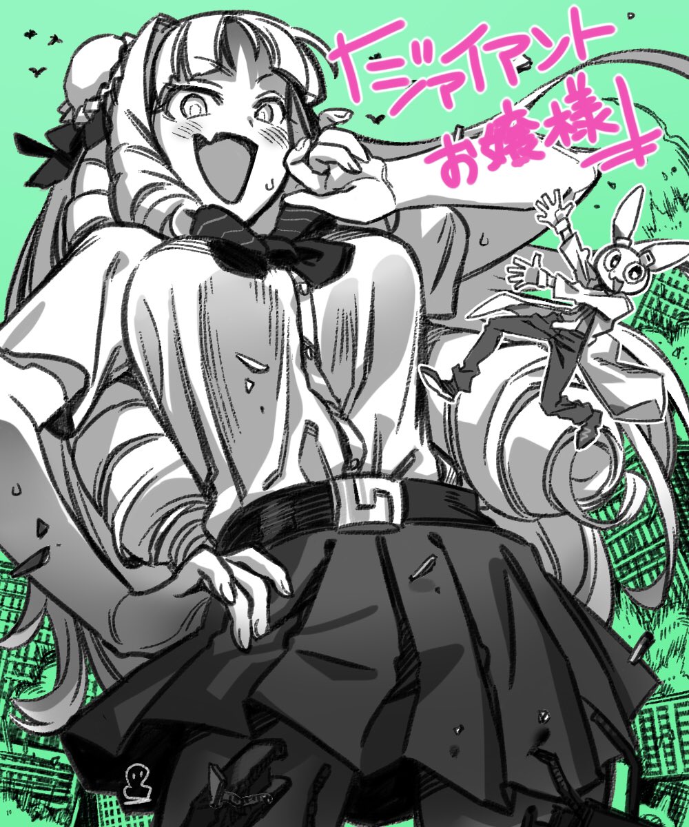 1boy 1girl animal animal_ears belt bird blush bow broken building coat drill_hair enim0chi fang fingernails frills giant giantess greyscale hair_bun highres labcoat laughing long_hair looking_at_viewer monochrome necktie open_clothes open_coat open_mouth original outline pantyhose rabbit_ears shirt_tucked_in signature skin_fang skirt solo_focus spot_color steel_beam sweat tongue white_outline