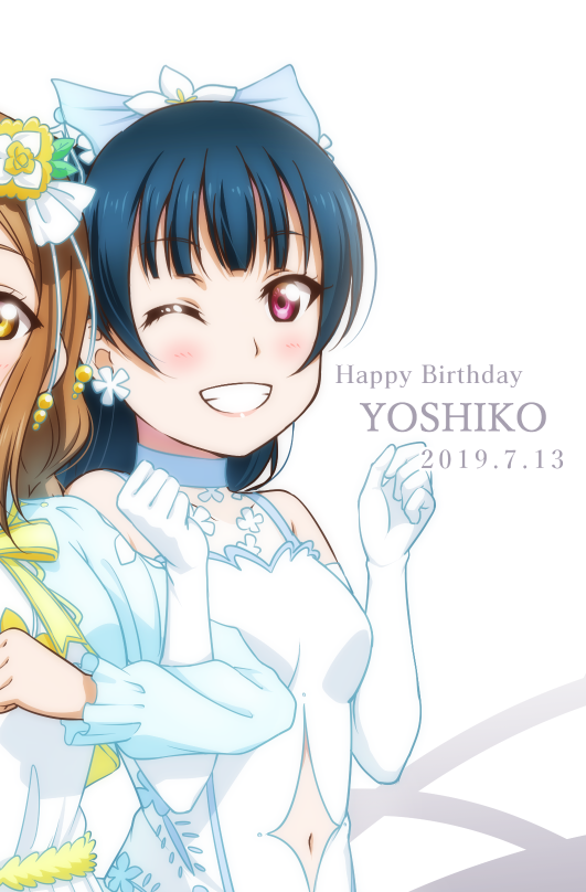 2girls anibache bangs birthday blue_hair blush breasts brown_hair character_name clothing_cutout commentary dated earrings english_text flower gloves grin hair_flower hair_ornament hair_ribbon happy_birthday jewelry kunikida_hanamaru long_hair looking_at_viewer love_live! love_live!_sunshine!! multiple_girls navel navel_cutout one_eye_closed out_of_frame red_eyes ribbon small_breasts smile tsushima_yoshiko upper_body white_background white_gloves yellow_eyes