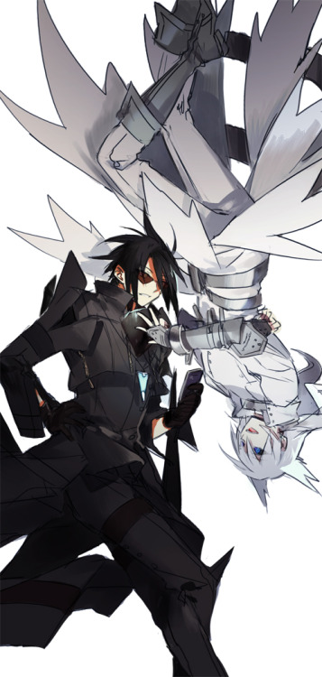 2boys black_gloves black_hair blue_eyes boots elbow_gloves gloves grey_footwear hand_on_hip jacket multiple_boys open_mouth pale_skin personification pokemon reshiram simple_background spiky_hair sunglasses upside-down white_background white_hair zekrom