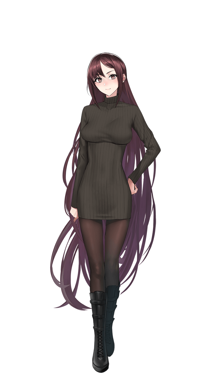 1girl black_footwear black_pantyhose black_sweater breasts brown_eyes brown_hair closed_mouth dress fate/empire_of_dirt fate/grand_order fate_(series) floating_hair full_body game_cg hand_on_hip highres long_hair looking_at_viewer medium_breasts panties pantyhose pantyshot ribbed_sweater shiny shiny_hair smile solo straight_hair sweater sweater_dress tachi-e thigh_gap transparent_background tsuki_tokage underwear very_long_hair yu_mei-ren_(fate)