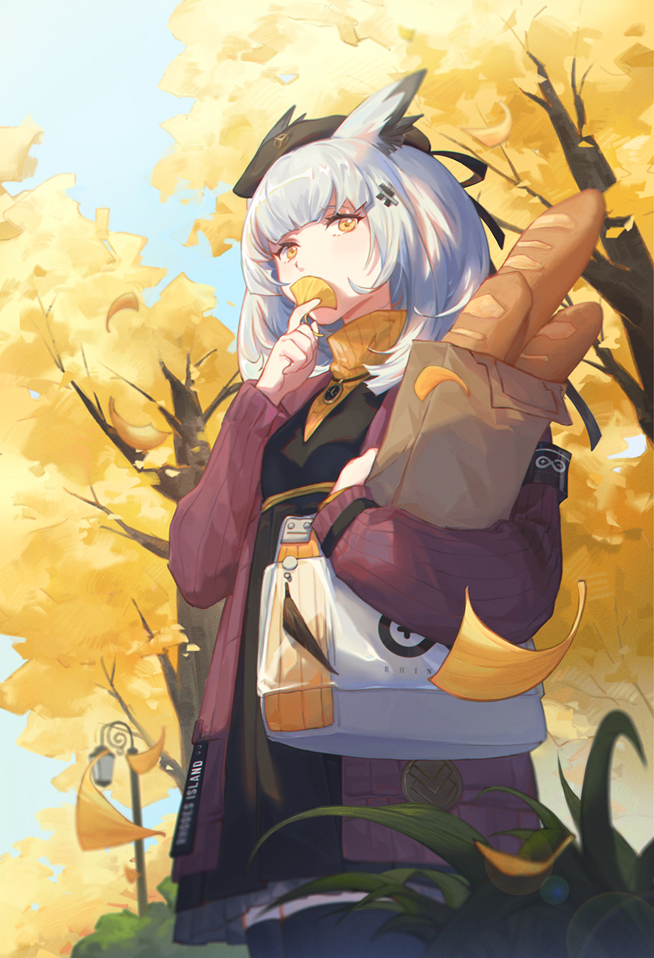 1girl animal_ears arknights autumn_leaves bag baguette bangs beret black_dress black_headwear black_thighhighs bread breasts covering_mouth day dress food ginkgo_leaf grey_hair hair_ornament handbag hat highres jacket jewelry lamppost leaf leaning_on_rail long_sleeves looking_at_viewer medium_hair mie_lu outdoors paper_bag pendant ptilopsis_(arknights) ptilopsis_(serenity)_(arknights) red_jacket small_breasts solo standing sweater thigh-highs tree turtleneck turtleneck_sweater yellow_eyes yellow_sweater